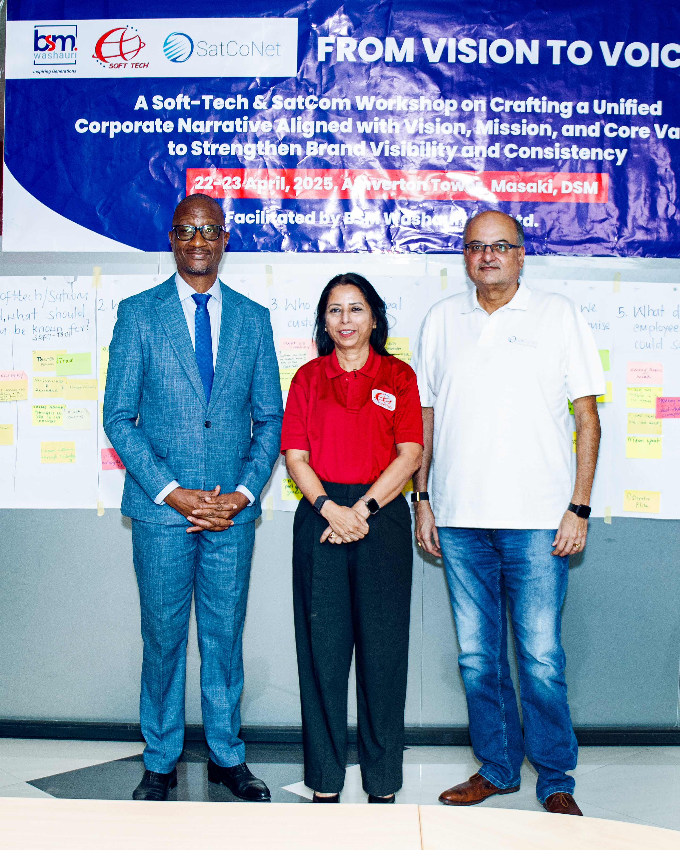 BSMWASHAURI (TZ),successful facilitated a two day workshop for Softtech  Consultant Ltd  and Satcom on april 2025 at Masaki Dar es salaam .The session focused on crafting a unified corporate narrative aligned with the Softtech's vision ,mission and core values to strengthen brand visibility and consistency, from vision to voice .